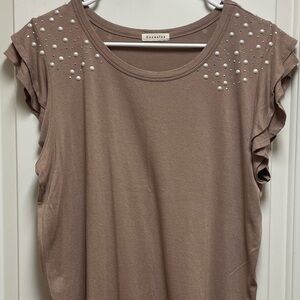 🤎 Occasion Taupe Ruffle Sleeve Top with Pearl Accents XL Y2K Coquette Girl
